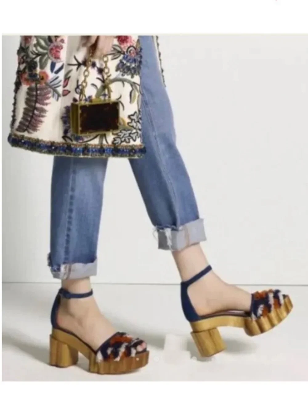 Tory Burch Alma Platform Wooden Block Heel Sandals, Blue Suede 10.5 Like New!
